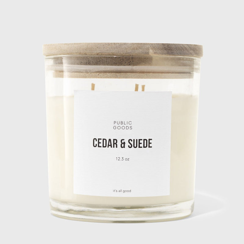 Public Goods Cedar & Suede Scented Soy Candle (3 Wick, 12.3oz) | Made With Essential Oils | Acacia Wood Lid in Upcycle-Ready Glass Jar
