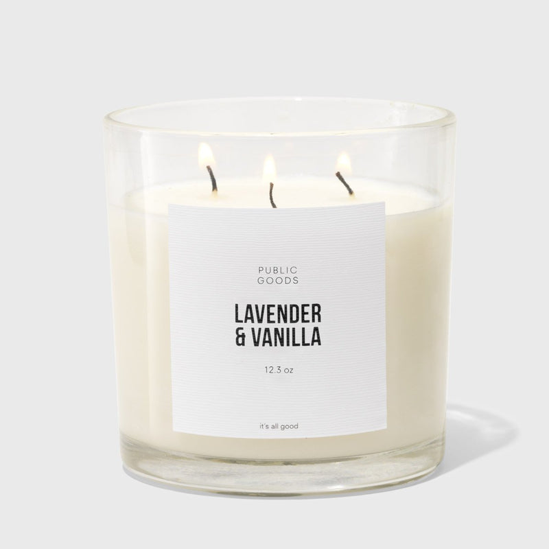 Public Goods Lavender & Vanilla Scented Soy Candle (3 Wick, 12.3oz) | Made With Essential Oils | Acacia Wood Lid in Upcycle-Ready Glass Jar