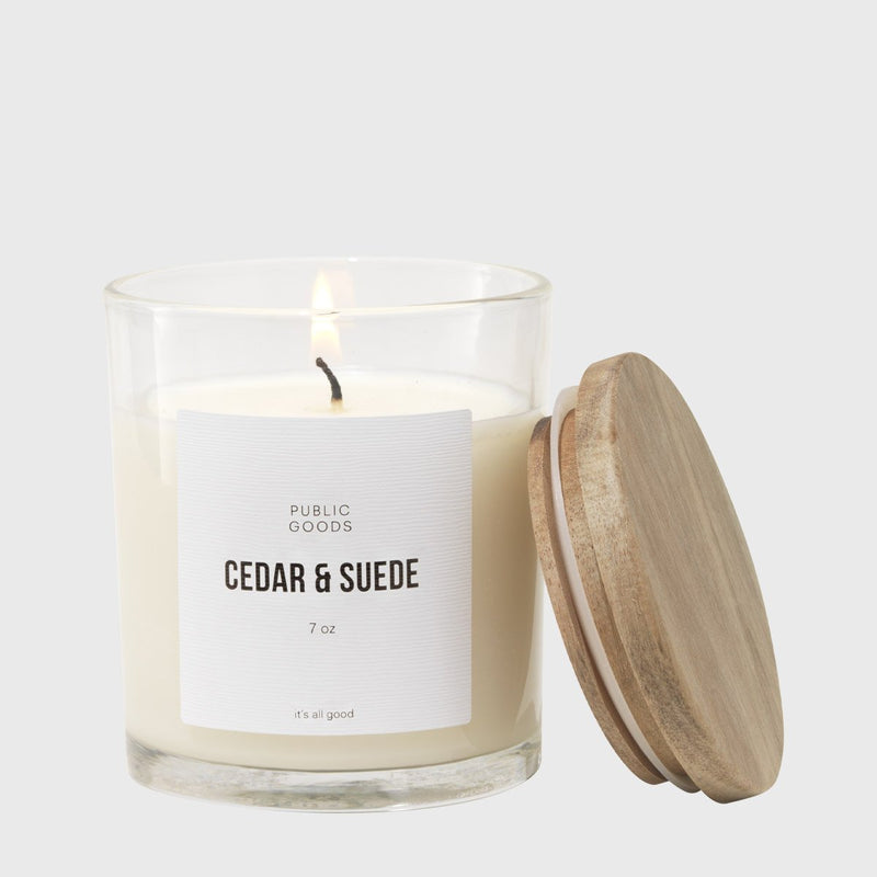 Public Goods Cedar & Suede Scented Soy Candle (7oz) | Made With Essential Oils | Acacia Wood Lid in Upcycle-Ready Glass Jar